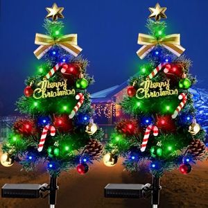 Solar Christmas Tree Lights Outdoor Waterproof 2PCS Christmas Decorations Tree Lights Solar Stake Lights Xmas Tree Garden Decor 40LED-Lights with Constant & Flashing Modes for Pathway Lawn Patio