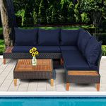 Tangkula 4 Pieces Acacia Wood Patio Furniture Set, Patiojoy L Shaped Wicker Corner Sectional Sofa Set with Thick Cushions, Coffee Table, for Backyard, Garden, Poolside and Deck