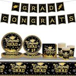 Black Gold Graduation Party Tableware Set,70pcs Graduation Party Disposable Dinnerware Congrats Grad College High School Class of 2024 Party Paper Plates Cups Napkins Tablecloth and Banner