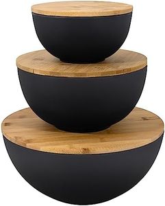Bremel Large Black Salad Bowls with Bamboo Lids - Set of 3 Melamine Mixing Bowls for Serving Salads, Pastas, Popcorn, Chips