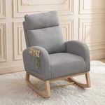 DEKKETO Nursing Rocking Chairs for Adults, Teddy Nursery Rocking Chair for Mum, High Backrest Boucle Armchairs with Wood Base and Side Pocket, Comfy Glider Chair, Light Grey