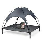 COSTWAY Raised Dog Bed, Elevated Pet Cot with Removable Canopy, Breathable Fabric & Steel Frame, Portable Cooling Dog Bed Tent for Camping Beach Lawn