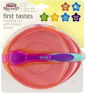 Heinz Baby Basics First Tastes Weaning Set with Lid & Spoon | 100% BPA Free | on the go | contains mess and spills | flexisoft grip | dishwasher and microwave safe | 4+ months | 4 piece set