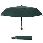 ECOHUB Travel Umbrella Windproof Strong With Compact Foldable, Automatic Open/Close, 10 Sturdy Ribs, Recycled PET Fabric, Wooden Handle & Ventilated Waterproof Canopy - Anti-Lost Sleeve, Green