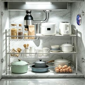 Eclat JC Home Premium Stainless Steel Under-Sink Organizer with Motion Sensor LED Light & Hygrometer - Expandable 2-Tier Cabinet Storage Rack for Kitchen Bathroom Organization (5 Plate, 5 Basket)