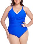 RELLECIGA Women's Royal Blue V Neck Ruched One Piece Swimsuit Twist Front Bathing Suits Size Large