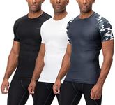 DEVOPS 3 Pack Men's Cool Dry Short Sleeve Compression Shirts, Sports Baselayer T-Shirts Tops, Athletic Workout Shirt, 1# (3 Pack) Black / Camo Charcoal / White, Large