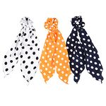 Matkooz Polka Dots Hair Scarf Scrunchies Elastic Hair Ties 2 in 1 Ponytail Holder For Girls and Women, Fashion Accessories For Parties Function & Birthday Gifts, Pack Of 3Pc, Black, White & Yellow