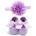 MACHSWON Baby Girls First Walking Shoes Bow-Knot Mary Jane Flats Elastic Band Soft Cotton Anti-Slip Soft-Soled Princess Christening Shoes Infant Girls Outdoor Shoes with Headband(Purple, 12-18 Months)