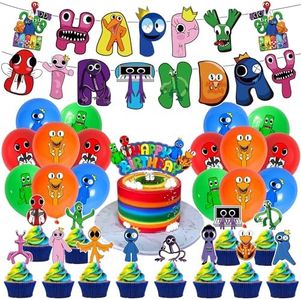 Rainbow Friends Birthday Decoration Balloon Party Supplies Rainbow Friends Flag Banner Theme Party Supplies Include Banner, Balloons,Cake Topper, Cupcake Toppers for Kids Boys Girls Party