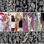 PPVWEY Temporary Henna Tattoo Stencils, 12 Sheets Tattoos Template Hand Forearm Indian Airbrush Tattoo Stickers for Girls Women Body Art Paint (Black)