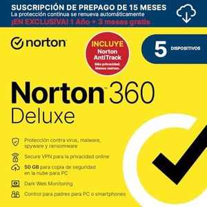 Norton 360 Deluxe+Norton AntiTrack 2025|Antivírus 5 Dispositivos| 15 meses com renovação automática| Descarga digital