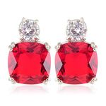 [RIZILIA CLASSIC] Stud Pierced Earrings with Cushion Cut Gemstones CZ [Simulated Red Ruby] in White Gold Plated, Simple Modern Elegant