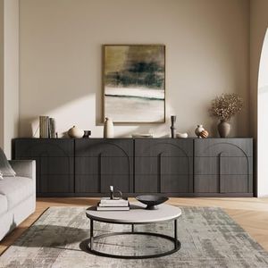 BELLEZE Sideboard Cabinet with 3 Drawers, Set of 4 Modern Wood Buffet Cabinet with Arc Design, Large Fluted Sideboard with Storage for Dining Room Living Room Entryway, Ebony