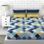 LORETO - A QUALITY LINEN BRAND 100% Cotton Bedsheet for Double Bed, 1 Double Bedsheet with 2 Pillow Covers | 144 TC Queen Size Double Bedsheet Cotton, Vivid Blue and Yellow Checkered
