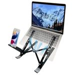 TARKAN 2 in 1 Portable & Foldable Aluminium Laptop Stand + Mobile Stand with Adjustable Height & Angle for Upto 15 Inch Laptops, MacBook, Phones (Black)