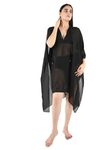 Blissence Black Solid Poncho Cover-Up Beachwear Dress Kaftan for Women Teen and has a V neck, tie up and kimono sleeves