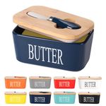 Ceramic Butter Dish with Wooden Lid, Lesige Large Butter Container Keeper Storage with Stainless Steel Butter Knife Spreader, Bamboo Cover and Silicone Sealing Ring for West East Coast Butter, Blue