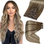 Full Shine Seamless Clip in Extensions PU Weft 18 Inch Clip in Hair Extensions for Women Remy Human Hair 8 Pcs Hairpiece 105 Grams Brown Ombre Chestnut Brown Highlights Platinum Blonde Color 6/60/6