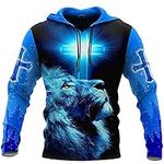 Colonghsou 3D Christian Jesus Hoodies for Men Women Unisex Blue Lion Cross Sweatshirt Pullover King Printed Sweater