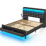 Rolanstar Bed Frame Queen Size with Storage Headboard and 2 Drawers, Upholstered Platform Bed with Charging Station and LED Light, Heavy Duty Frame Support, No Box Spring Needed, Noise Free, Black