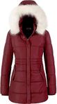 Chrisuno Women's Winter Warm Coats Puffer Jacket Long Drawstring Waterproof Snow Parka With Removable Faux Fur Trim Hood, Burgundy, Small