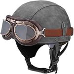 Woljay Vintage Leather Motorcycle Retro Half Helmet Men Women Adult for Scooter Bike Cruiser with Goggles and Drop Down Sun Lens (Medium, Grey)