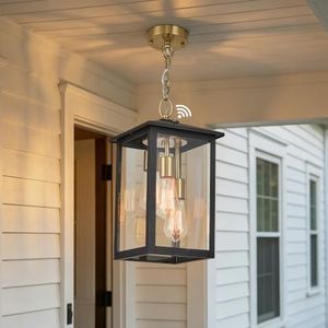 Tarentlight 17IN Large Dusk to Dawn Outdoor Pendant Light 3-Light, Modern Black Metal Outside Chandelier Exterior Hanging Fixture Ceiling Mount with Clear Glass for Front Porch Entrance Entryway