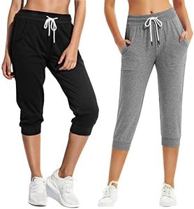 SPECIALMAGIC Women's Sweatpants Cropped Jogger French Terry Running Pants Lounge Loose Fit Drawstring Waist with Side Pockets Black+Heather Grey 2XL