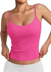 Trendy Queen Double Lined Adjustable Spaghetti Strap Tank Top for Women Cute Summer Basic Crop Top for Teen Workout Going Out Hot Pink XS