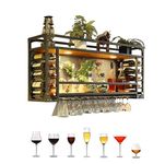 Pxkmouy 65cm LED light Metal Ceiling Wine Glass Holder Wall Mounted Bottle Rack Ceiling Shelf Floating Wine Shelves with Stemware Hanger 2-in-1 Design Easy to Install for Bar Cafe Kitchen