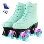 jessie PU Leather Roller Skates Roller Skates for Women Outdoor and Indoor Adjustable Four-Wheel Premium Roller Skates for Women Men Boys and Girls (Green Wheel,Women's 8.5/ Men's 7)