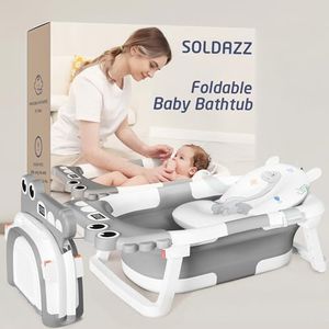 Collapsible Baby Bathtub, Baby Bath Tub with Soft Cushion & Thermometer, Alligator Baby Bathtub with Detachable Feet, Durable Infant Bathtub Applicable 0-36 Months, Gray