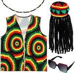 Cindeer 4 Pcs Halloween Jamaican Costume Accessories Rasta Hat with Black Dreadlocks Wig Jamaican Vests Sunglasses Necklace (Vintage)