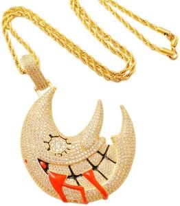 ICEDIAMOND Shiny CZ Lab Diamond Grinning Crescent Moon Necklace, Iced Out Zircon Gothic New Moon Pendant, Gold Plated Hip Hop Charm Jewelry for Men (Gold)