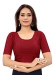 SAGIBO Round Neck Dobby Cotton Lycra Stretchable Elbow Sleeve Readymade Saree Blouse For Women Stylish, Maroon