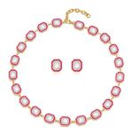 WOWORAMA Pink Crystal Jewelry Set for Women Square Rhinestone Choker Necklace Earrings Set Gold Pink Wedding Jewelry Birthday Valentines Day Gifts