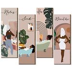 Relax Soak Unwind Breathe Sign Decors Bathroom Wall Arts Abstract Boho Bathroom Wooden Wall Painting Mid Century Minimalist Botanical Rustic Bathroom Wooden Wall Plaque (Black Women, 11 x 3.5 Inch)