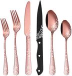 EUIRIO 72-Piece Copper Silverware Set with Steak Knives,Rose Gold Flatware Set for 12,Stainless Steel Tableware Cutlery Set，Kitchen Utensils Spoon and Fork Set with Floral Laser，Dishwasher Safe