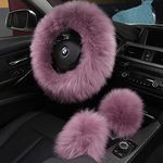 3Pcs Set Fashion Fluffy Fuzzy Wool Fur Soft Car Steering Wheel Cover with Handbrake Cover & Gear Shift Cover for Women/Girls/Ladies Auto Long Wool Accessories