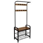 Meerveil Coat Stand, Coat Rack with Shoe Storage Bench, Metal Clothes Rail with 9 Removable Hooks, Industrial Style for Hallway Entrance, 72 x 34 x 183 cm, Rustic Brown