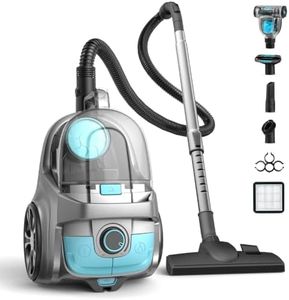HawKam Canister Vacuum, 1600W 40Kpa Bagless HEPA, Auto Cord Rewind | 33ft radius, 4QT washable dust cup, 5 tools, pet hair, carpet & hard floor, lightweight, telescopic wand, zero bags