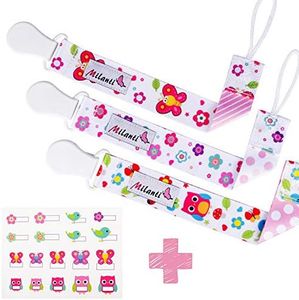 Milanti Pacifier Clip Set - Three Clips Plus 18 Name Tag Labels - Universal Paci Holder Fits Most Binky Brands and Teethers - Rose and Yellow Floral Fun for Girls or Boys