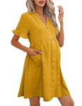 KOJOOIN Maternity Swiss Dot Dress Summer V Neck Short Sleeve Button Down Mini Dress Baby Shower Photoshoot with Pockets, Yellow, M