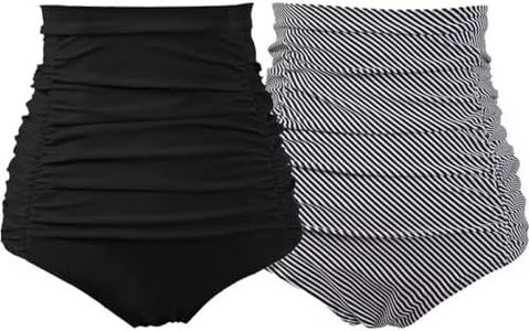 COCOPEAR Women's Ruched High Waisted Bikini Bottom Retro Vintage Swim Short Tankinis (Pack of 2) Black+Black White Plaid M/6-8