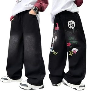 JiAmy Boys Baggy Jeans Wide Leg Elastic Waist Pants Denim Trousers with Pockets Casual Streetwear Black 15Y+