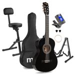 Max SoloArt Junior 3/4 Classical Acoustic Guitar Starter Kit in Black with Folding Musician Stool & Guitar Stand - Ideal for Children & Beginners aged 8-13 Years