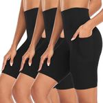 NEW YOUNG 3 Pack Biker Shorts for Women with Pockets High Waisted 8''Tummy Control Black Workout Yoga Short Pants