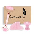 Getmecraft Jade Roller For Face Massager 3Pcs/Set Natural Rose Quartz Jade Roller Real Jade Gua Sha Board Mushroom Massager Face Lifting Tool Facial Guasha Massage Kit-Pink