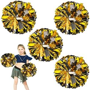 HOLENGS 4 Pcs Upgraded 12 inch Metallic Cheerleading Pom Poms, Cheerleader Pompoms Cheer Poms for Kids Adults, Cheering Squad Pompoms for School Sports Games Dance Party Black Gold